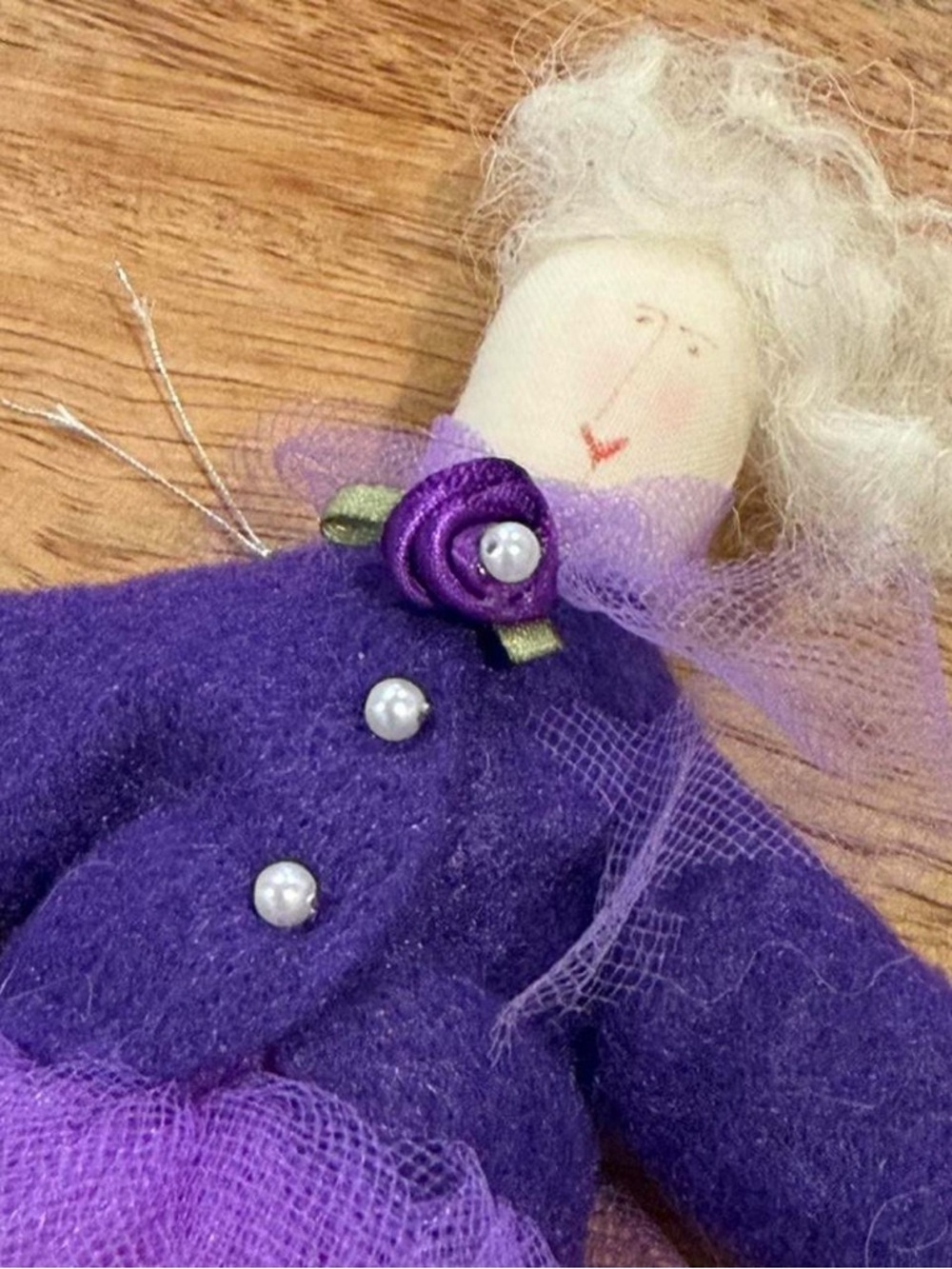 Hand Crafted Purple Felt Doll with Pearl Buttons Ice Skates 9”